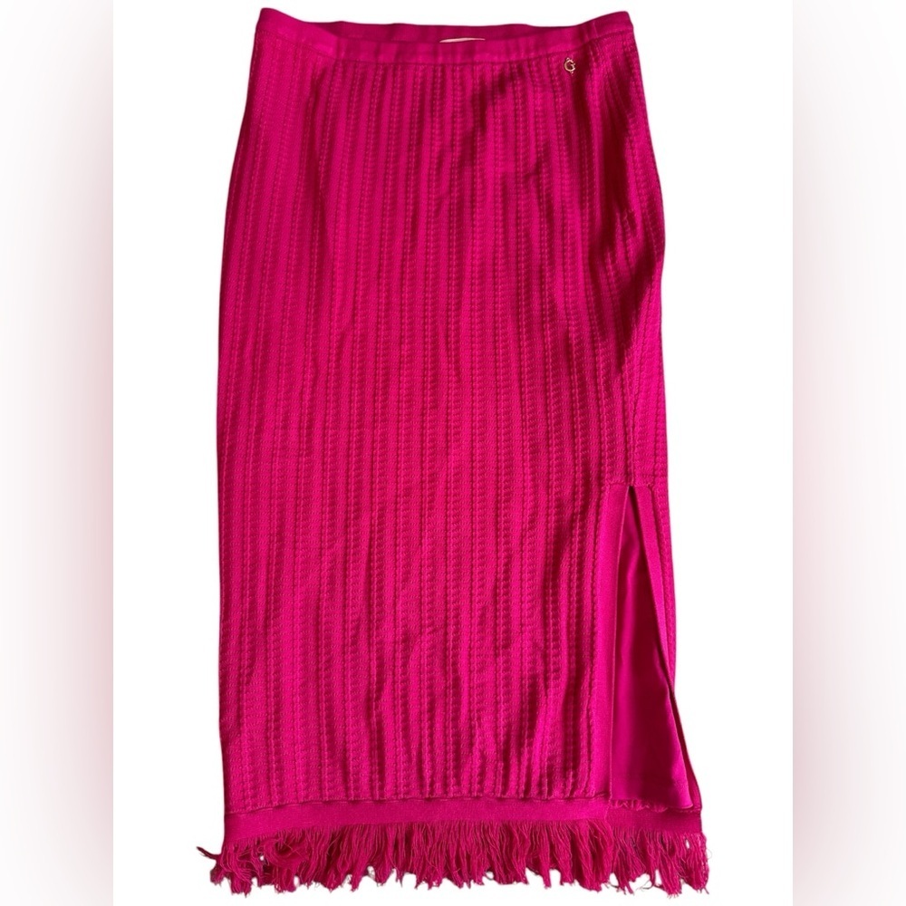GUESS Milana Pink Shell Stitch Pencil Skirt Fringe Hem Midi Size M